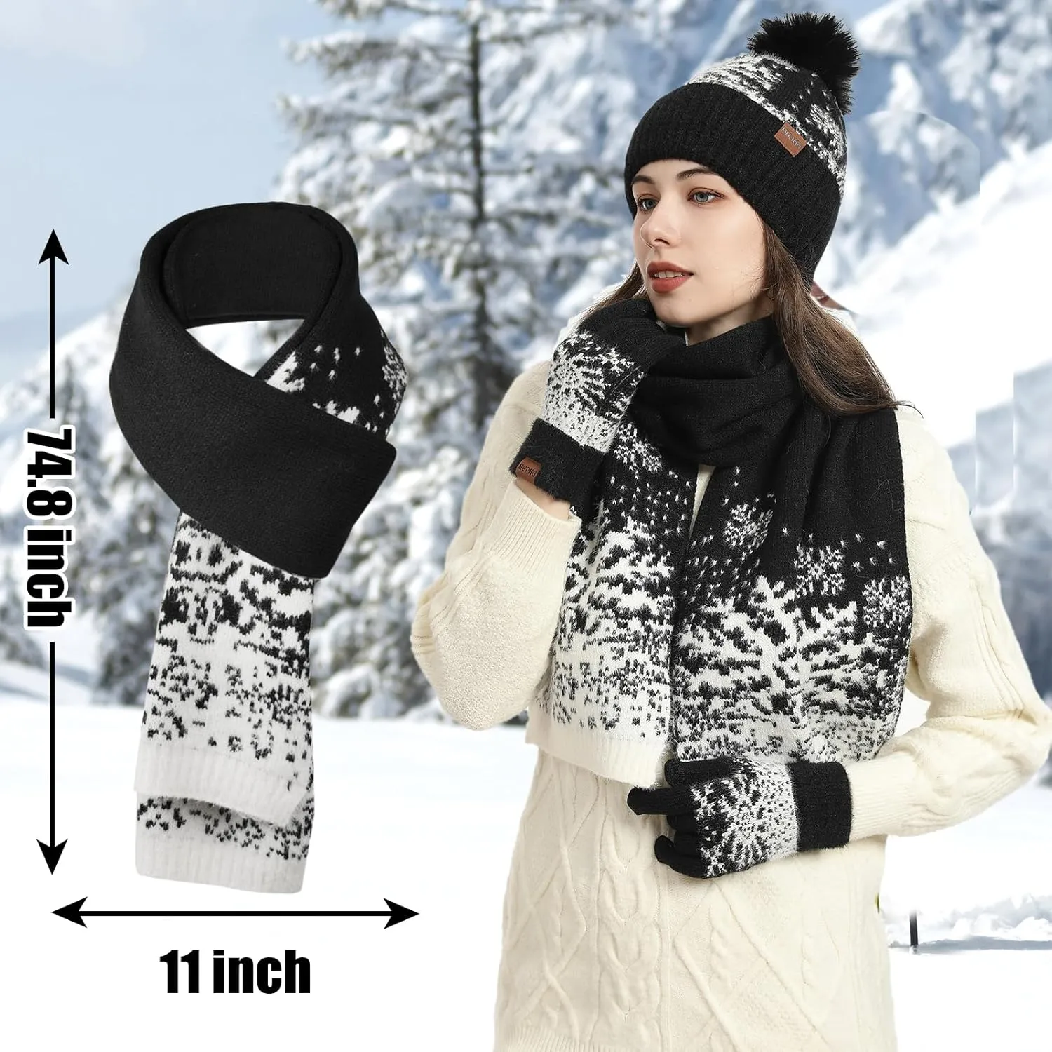 Womens Beanie Hat Scarf Gloves Set,Winter Warm Touchscreen Gloves Fleece Lined Hat Long Knit Scarf for Women Men