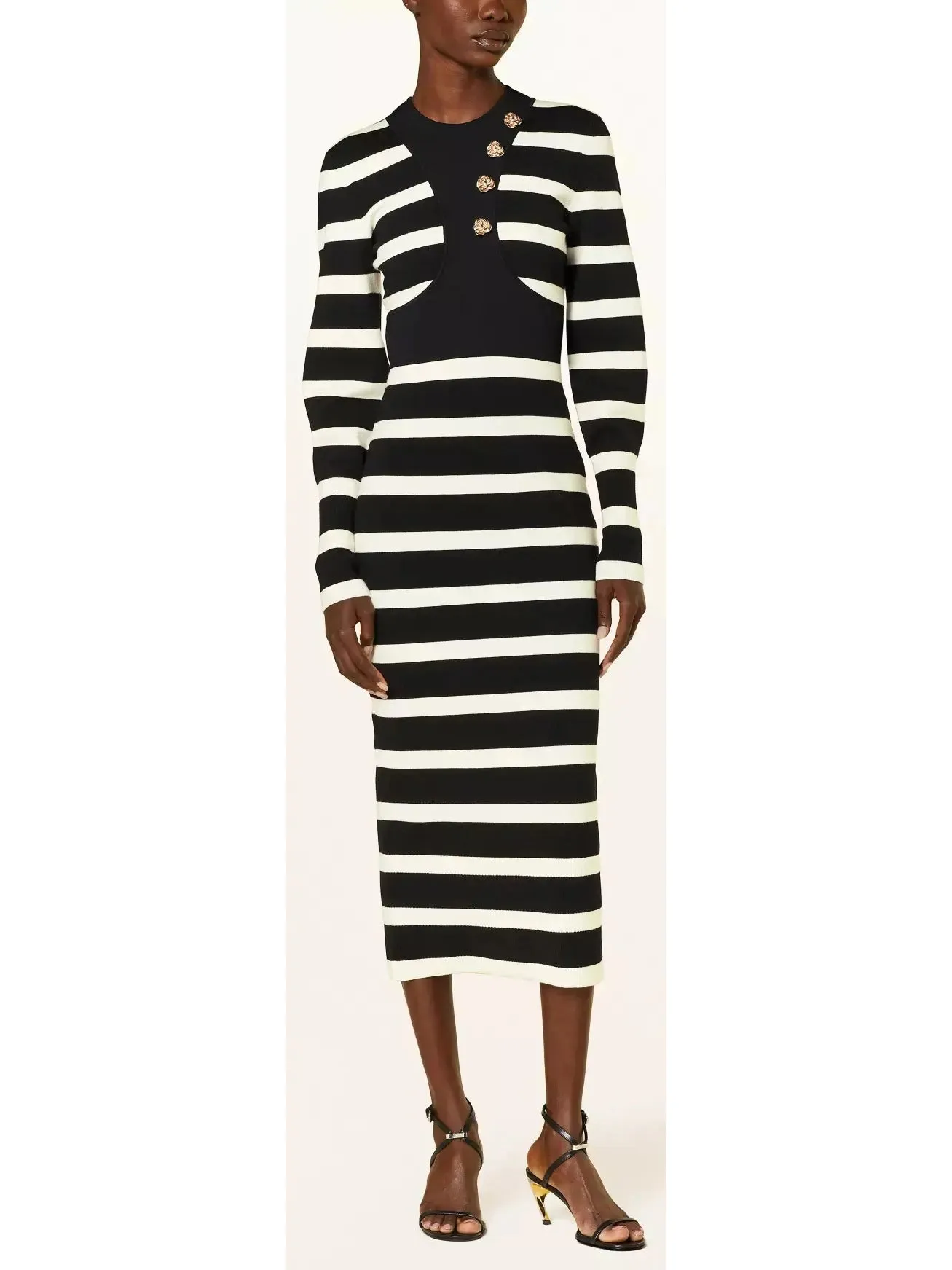 Women’s Black and White Striped Wool-Blend Midi Dress