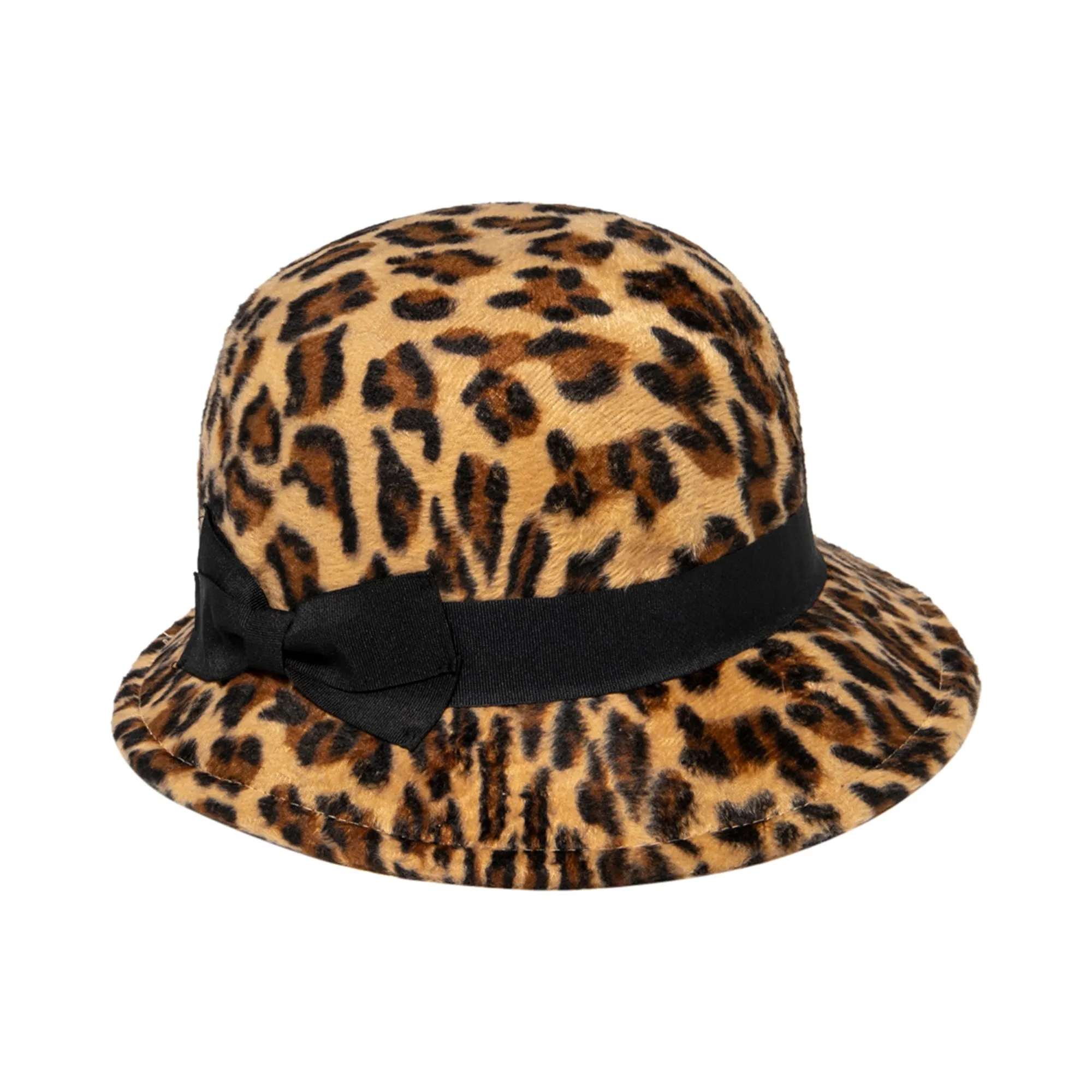 Women's Faux wool felt leopard cloche with grosgrain bow