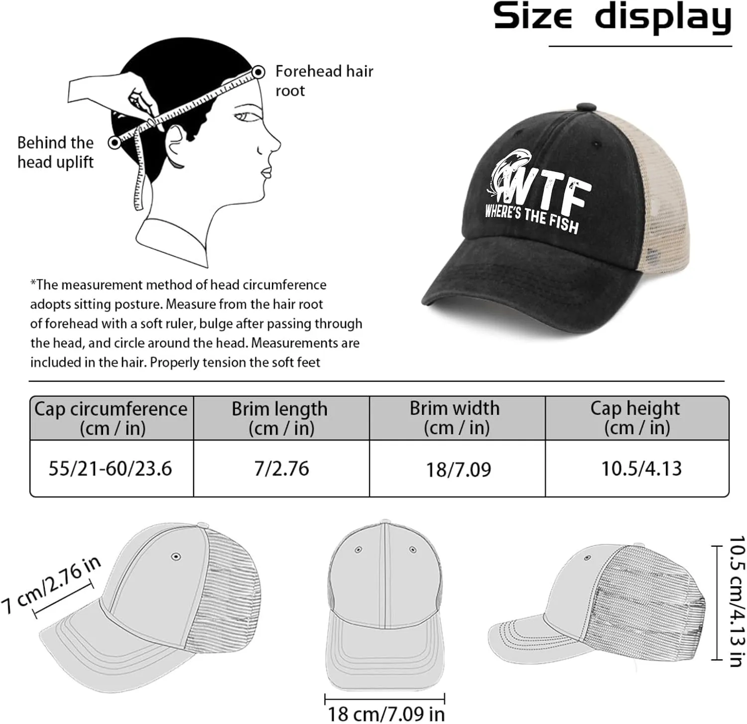 WTF Where's The Fish Hat Trucker Hat Men Trendy Mesh Cap for Summer