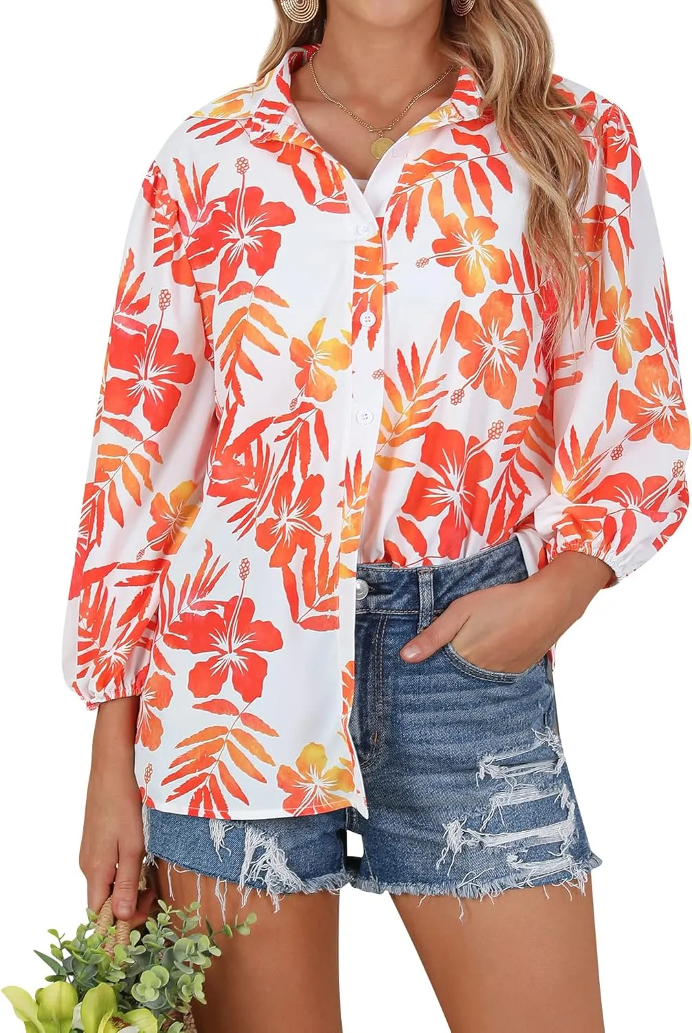 ZXZY Women Pineapple Printed Lapel Collar Half Sleeves Buttons Down Blouse Shirt