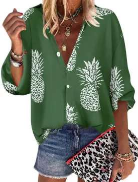 ZXZY Women Pineapple Printed Lapel Collar Half Sleeves Buttons Down Blouse Shirt
