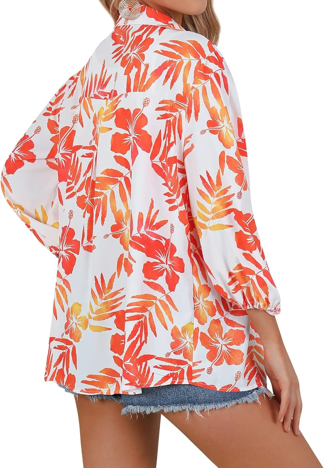 ZXZY Women Pineapple Printed Lapel Collar Half Sleeves Buttons Down Blouse Shirt