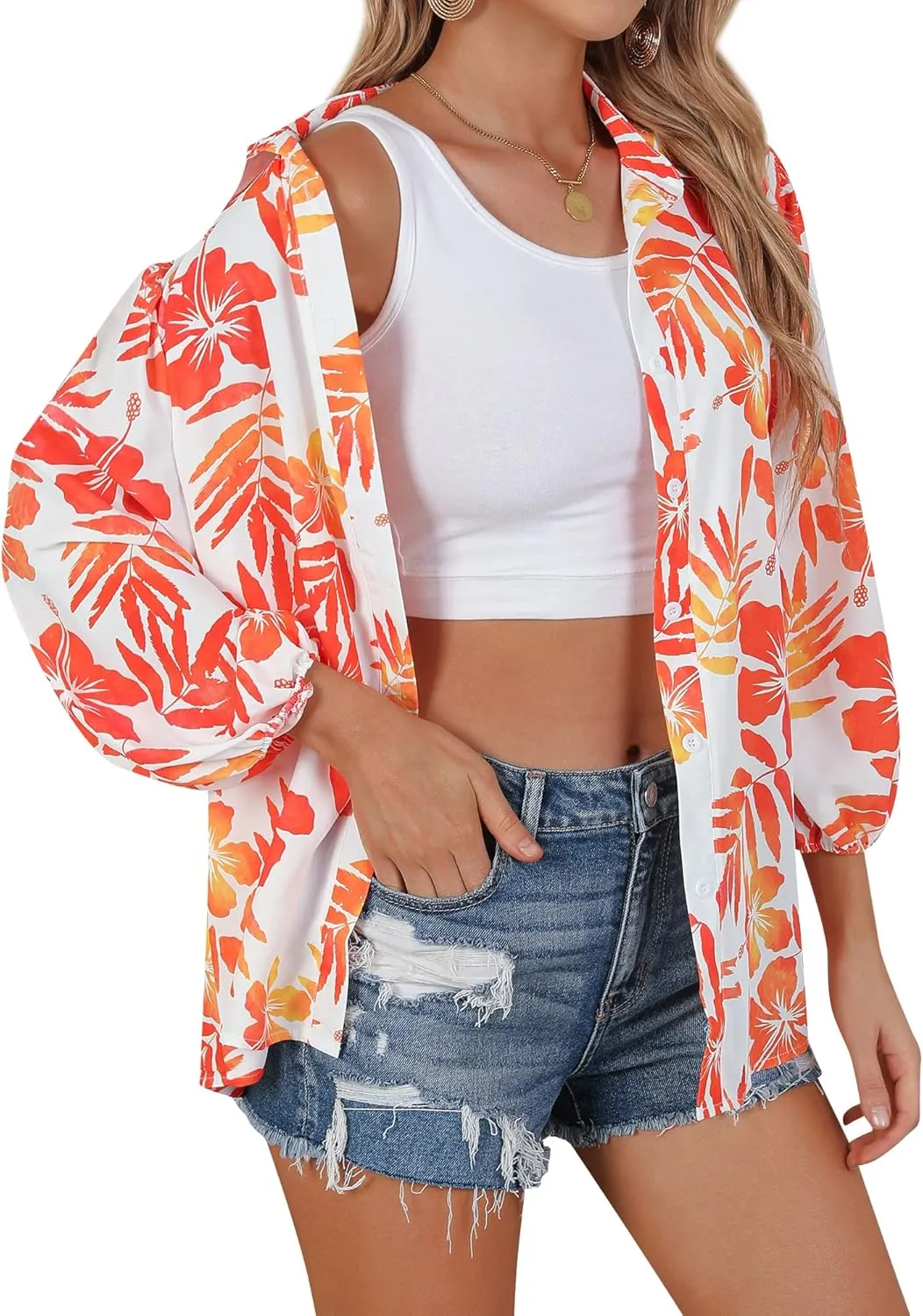 ZXZY Women Pineapple Printed Lapel Collar Half Sleeves Buttons Down Blouse Shirt