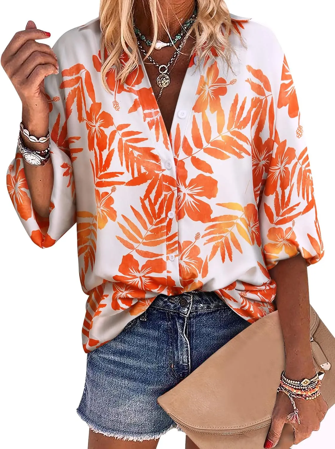 ZXZY Women Pineapple Printed Lapel Collar Half Sleeves Buttons Down Blouse Shirt