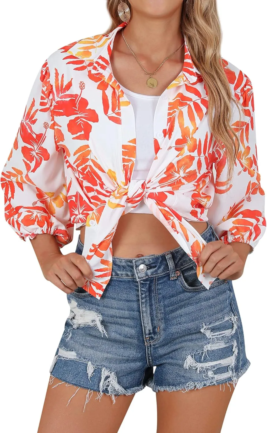 ZXZY Women Pineapple Printed Lapel Collar Half Sleeves Buttons Down Blouse Shirt